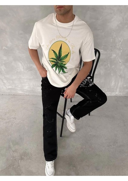 Ön ve Arka Baskılı Oversize Bisiklet Yaka T-Shirt- Beyaz modelleri