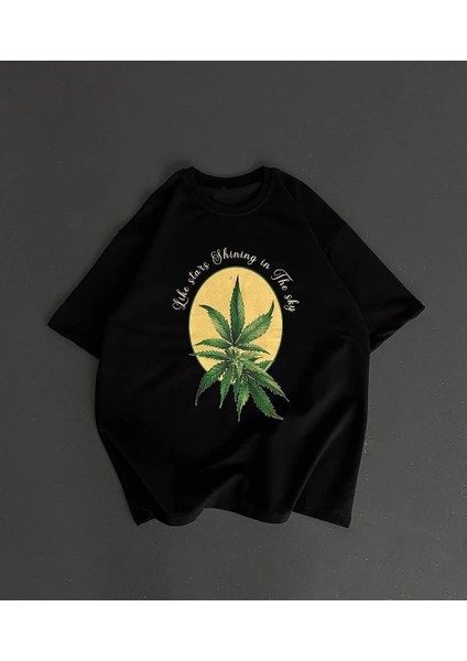 Ön ve Arka Baskılı Oversize Bisiklet Yaka T-Shirt- Siyah