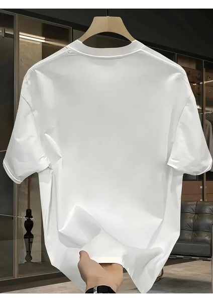 Pembe Panter Baskılı Erkek Oversize Günlük Kısa Kollu Tişört Ilkbahar ve Yaz Için Mükemmeldir - Beyaz fiyatları