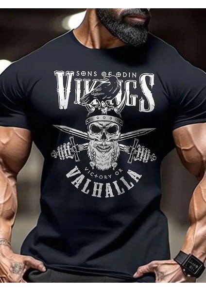 20/1 Penye Compack Vikings Valhalla Baskılı Oversize Bisiklet Yaka T-Shirt - Siyah