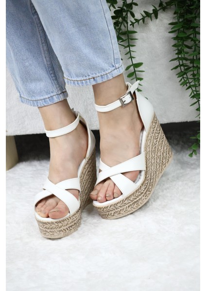 Kadın Çapraz Bantlı Dolgu Topuklu (11CM) Ayakkabı Rahat Yüksek Topuklu 700 Beyaz indirimleri