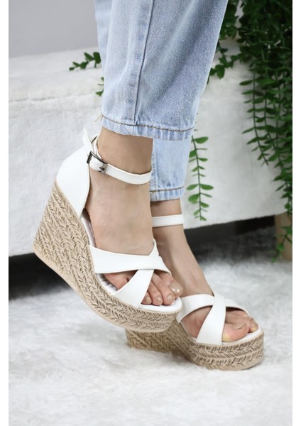 Kadın Çapraz Bantlı Dolgu Topuklu (11CM) Ayakkabı Rahat Yüksek Topuklu 700 Beyaz