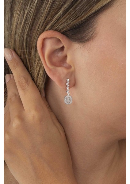 Pırlanta Montür Sıralı Tek Taş Rodyum Kaplama Baget Gümüş Küpe