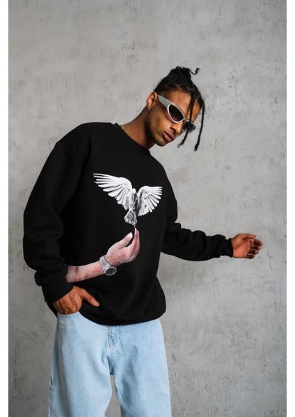 Erkek Güvercin Baskılı Sweatshirt - Siyah fırsatları