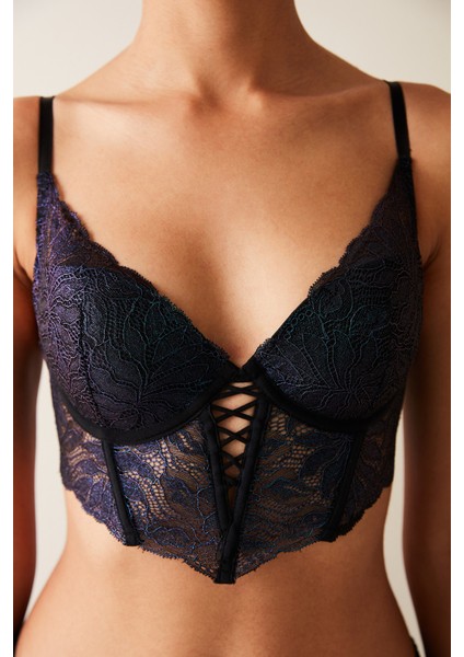 Hologram Dantel Detaylı Siyah Büstiyer