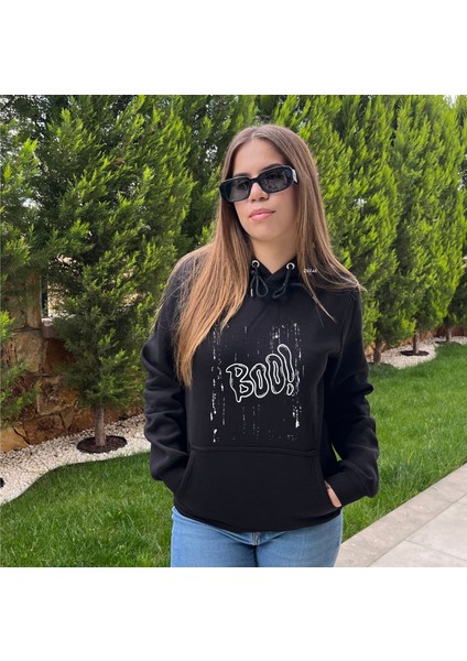 Boo Sweatshirt,baskılı,şardonlu,kapüşonlu,unisex,siyah Sweatshirt