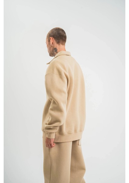 Unisex Double Oversize Patlı Yaka Sweatshirt - Bej fiyatları