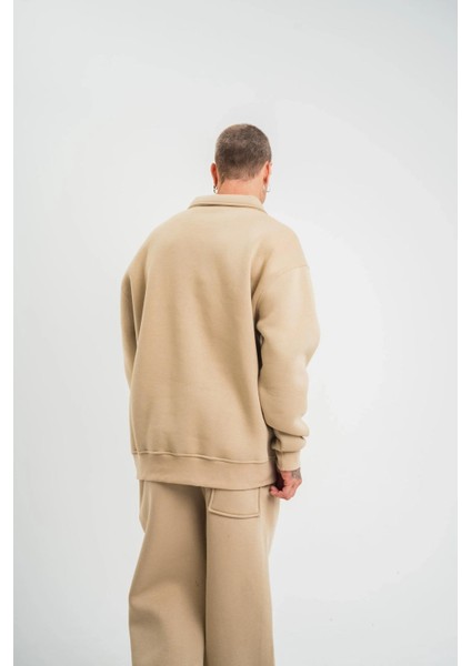 Unisex Double Oversize Patlı Yaka Sweatshirt - Bej modelleri