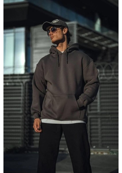 Üç Iplik Penye Kapşonlu Basic Sweatshirt - Füme modelleri