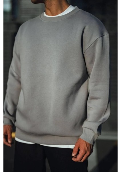Kışlık Bisiklet Yaka Üç Iplik Basic Sweatshirt - Boyalı Gri