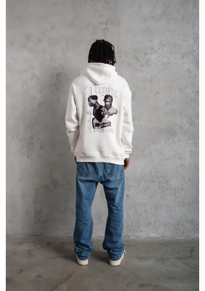 Erkek Oversize Üç Iplik Kapüşonlu Sweat – Kol ve Etek Ribana Detaylı, Ön ve Sırt Baskılı, Kanguru Cepli Rahat Kalıp Model - Beyaz fırsatları