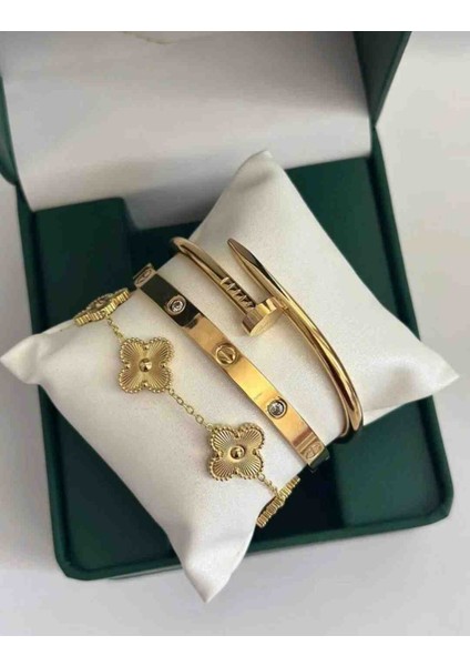 Gold Suyolu,Taşlı Kelepçe Bileklik Üçlü Kararmaz Çelik Bileklik Set