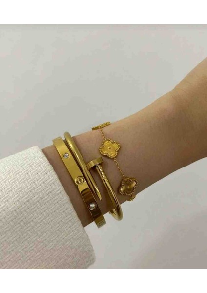 Gold Suyolu,Taşlı Kelepçe Bileklik Üçlü Kararmaz Çelik Bileklik Set modelleri