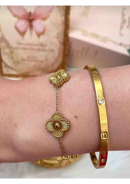 Gold Yonca ,Taşlı Kelepçe Bileklik İkili Kararmaz Çelik Bileklik Set fiyatları