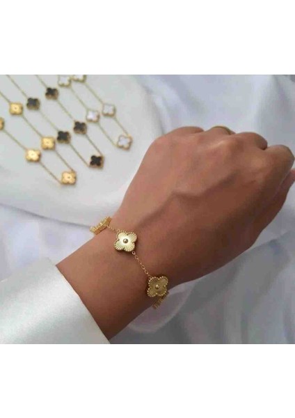 Gold Yonca ,Taşlı Kelepçe Bileklik İkili Kararmaz Çelik Bileklik Set fırsatları