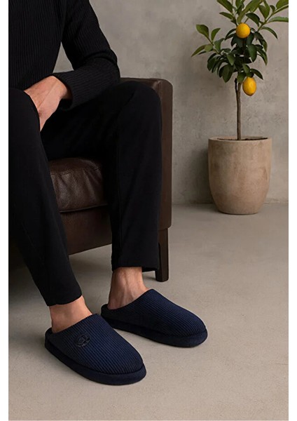 Zaros Merdane Çizgili Peluş Kumaş Içi Tüylü Kaydırmaz Taban Erkek Ev Terliği