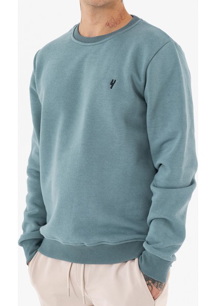 Erkek Açık Mavi Sweatshirt Bisiklet Yaka Rahat Kalıp 3 Iplik Şardonlu