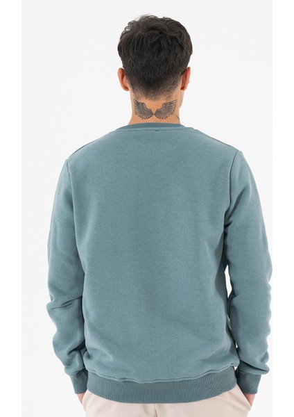 Erkek Açık Mavi Sweatshirt Bisiklet Yaka Rahat Kalıp 3 Iplik Şardonlu