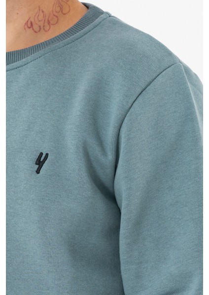 Erkek Açık Mavi Sweatshirt Bisiklet Yaka Rahat Kalıp 3 Iplik Şardonlu