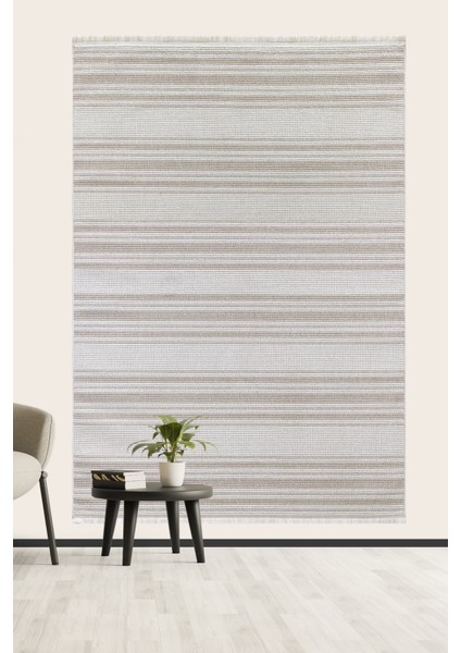 Posıtano Krem Bej Renk Çizgili Model Yumuşak Bukleli ve Püsküllü Dekoratif Makine Dokuma Halı modelleri