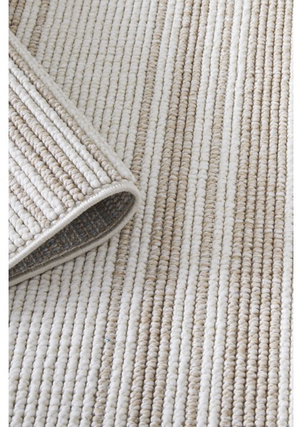 Posıtano Krem Bej Renk Çizgili Model Yumuşak Bukleli ve Püsküllü Dekoratif Makine Dokuma Halı