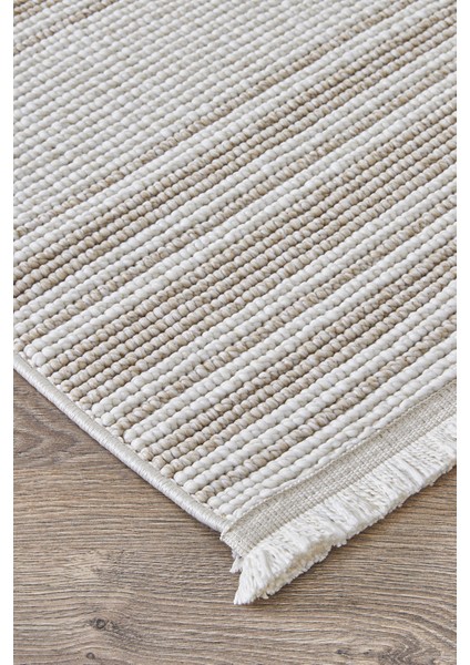 Posıtano Krem Bej Renk Çizgili Model Yumuşak Bukleli ve Püsküllü Dekoratif Makine Dokuma Halı indirimleri