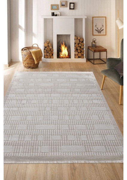 Posıtano Krem Bej Renk Kareli Model Yumuşak Bukleli ve Püsküllü Dekoratif Makine Dokuma Halı