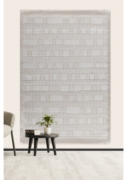 Posıtano Krem Bej Renk Kareli Model Yumuşak Bukleli ve Püsküllü Dekoratif Makine Dokuma Halı modelleri