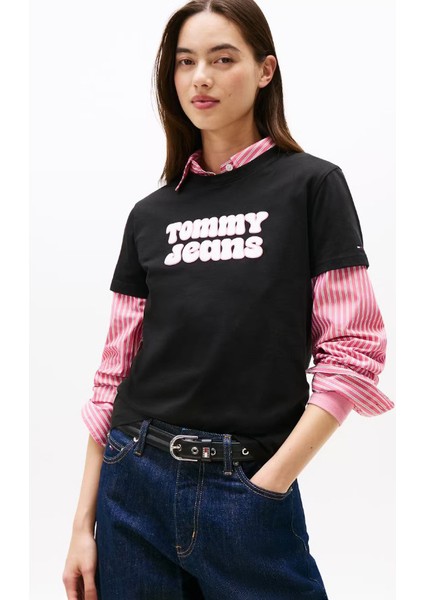 Kadın Regular Fit Grafik Logolu T-Shirt - Siyah