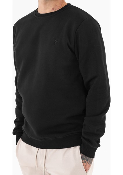 Erkek Siyah Sweatshirt Bisiklet Yaka Rahat Kalıp 3 Iplik Şardonlu