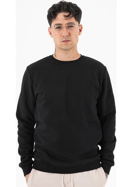 Erkek Siyah Sweatshirt Bisiklet Yaka Rahat Kalıp 3 Iplik Şardonlu fiyatları