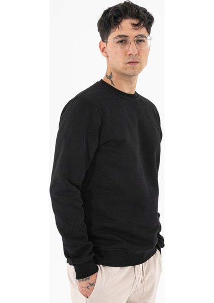 Erkek Siyah Sweatshirt Bisiklet Yaka Rahat Kalıp 3 Iplik Şardonlu modelleri