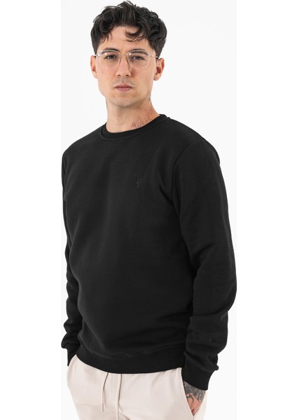 Erkek Siyah Sweatshirt Bisiklet Yaka Rahat Kalıp 3 Iplik Şardonlu indirimleri