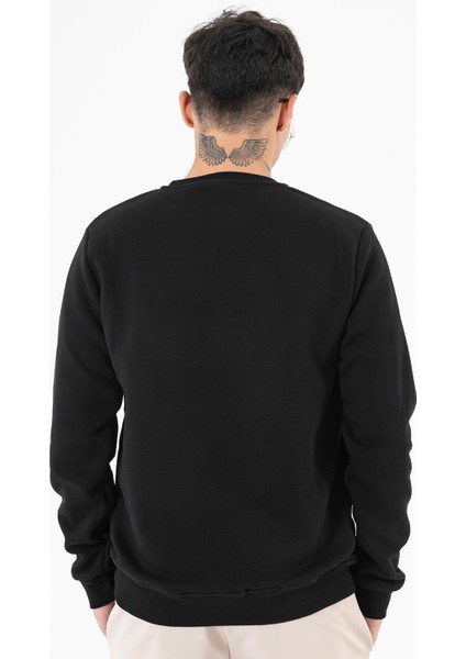Erkek Siyah Sweatshirt Bisiklet Yaka Rahat Kalıp 3 Iplik Şardonlu