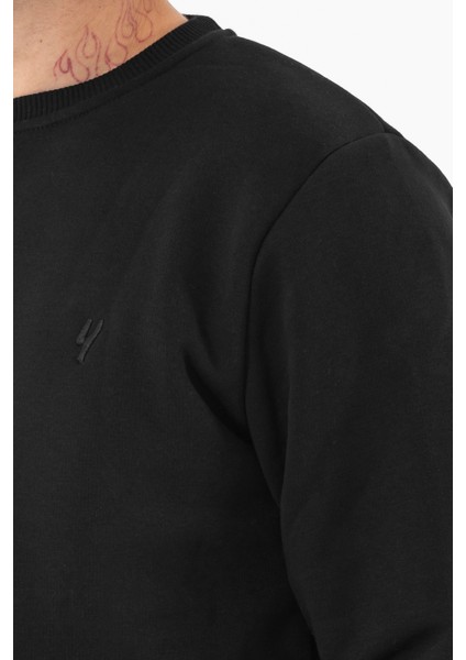 Erkek Siyah Sweatshirt Bisiklet Yaka Rahat Kalıp 3 Iplik Şardonlu