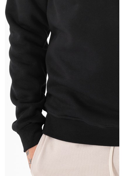 Erkek Siyah Sweatshirt Bisiklet Yaka Rahat Kalıp 3 Iplik Şardonlu
