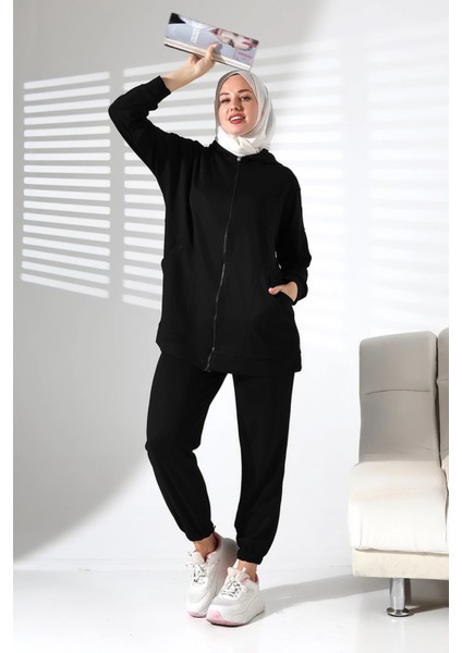 Kadın Mevsimlik Alt Üst Rahat Siyah Spor Ikili Tunik Pantolon Şık Tesettür Takım