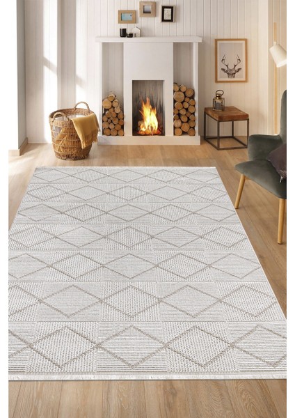 Posıtano Krem Bej Renk Geometrik Model Yumuşak Bukleli ve Püsküllü Dekoratif Makine Dokuma Halı