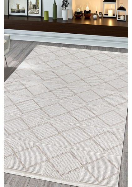 Posıtano Krem Bej Renk Geometrik Model Yumuşak Bukleli ve Püsküllü Dekoratif Makine Dokuma Halı fiyatları