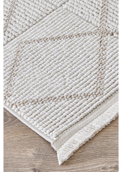 Posıtano Krem Bej Renk Geometrik Model Yumuşak Bukleli ve Püsküllü Dekoratif Makine Dokuma Halı indirimleri