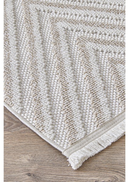 Posıtano Krem Bej Renk Zigzag Model Yumuşak Bukleli ve Püsküllü Dekoratif Makine Dokuma Halı indirimleri