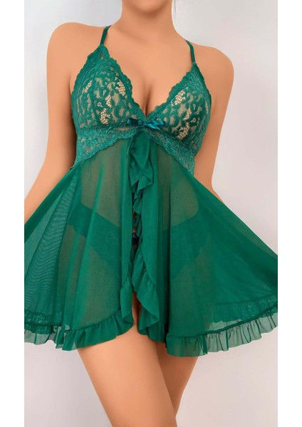 Kadın Yeşil Fantezi Gecelik Tül Önü Açık Fırfırlı Fiyok Detaylı 2114 fiyatları