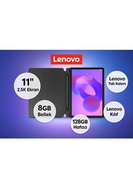 Idea Tab Tablet - Dokunmatik 11INÇ 2.5k 90Hz Mat Ekran - 8gb Bellek - 128GB Depolama - Dolby Atmos® Hoparlörler + Lenovo Tab Kalem + Lenovo Kılıf + Onerous Ürünler