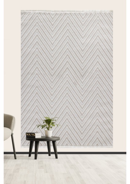 Posıtano Krem Bej Renk Zigzag Model Yumuşak Bukleli ve Püsküllü Dekoratif Makine Dokuma Halı modelleri