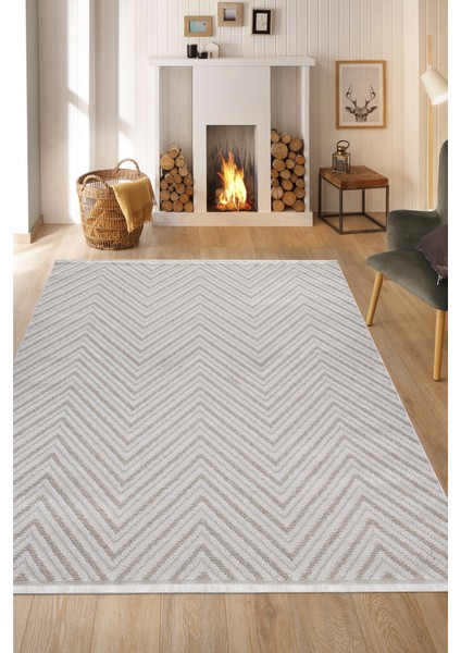 Posıtano Krem Bej Renk Zigzag Model Yumuşak Bukleli ve Püsküllü Dekoratif Makine Dokuma Halı