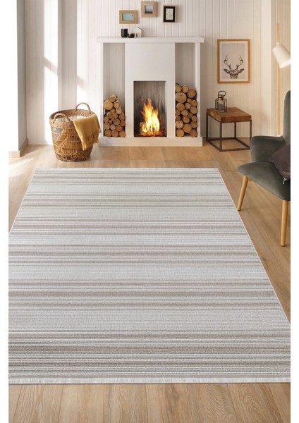 Posıtano Krem Bej Renk Çizgili Model Yumuşak Bukleli ve Püsküllü Dekoratif Makine Dokuma Halı