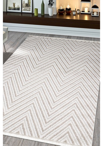 Posıtano Krem Bej Renk Zigzag Model Yumuşak Bukleli ve Püsküllü Dekoratif Makine Dokuma Halı fiyatları