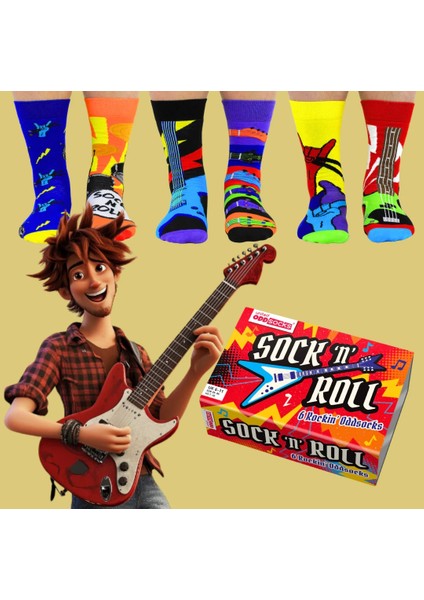 Heritage Nature 6 Lı Rock’n Roll Tutkulu,gitar, Davul, El Hareketleri ve Şimşek Detaylı Çorap