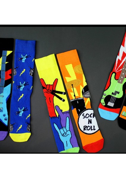 Heritage Nature 6 Lı Rock’n Roll Tutkulu,gitar, Davul, El Hareketleri ve Şimşek Detaylı Çorap modelleri
