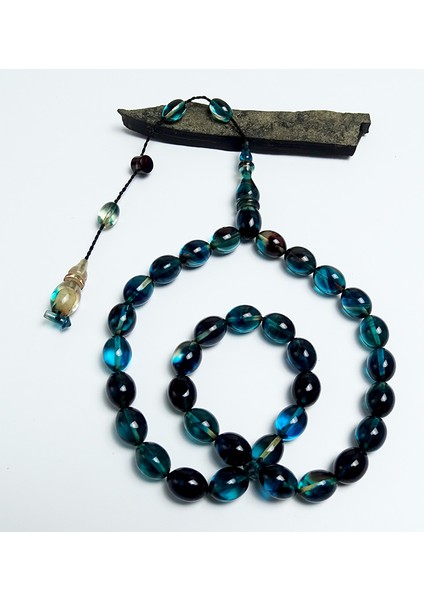 Mavi Tonlarında Sistemli Ateş Kehribarı Tesbih